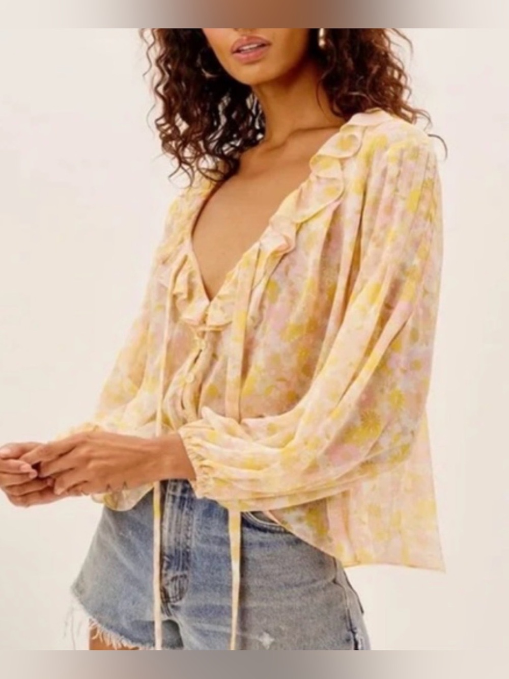 For Love And Lemons Yellow Pink Floral Ruffle Tie-Button Front Blouse Size M